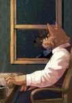  2021 anthro beverage book bottomwear brown_body brown_fur canid canine canis chair clothing coffee detailed_background domestic_dog eyewear fur furniture glasses hi_res inside kemono kotori male mammal night pants raining shirt sitting solo topwear 