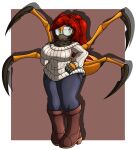  anthro arachnid arthropod arthropod_abdomen boots bottomwear breasts clothing eyewear fan_character female footwear glasses hi_res non-mammal_breasts orange_eyes pants shy snowyowlkonnen solo sonic_the_hedgehog_(series) spider sweater tight_bottomwear tight_clothing tight_pants topwear 