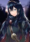  ameno_(a_meno0) armor belt blue_cape blue_eyes blue_hair blue_shirt cape fire_emblem fire_emblem_awakening long_hair looking_at_viewer lucina_(fire_emblem) pauldrons red_cape ribbed_sleeves shirt shoulder_armor sunset tiara tree 