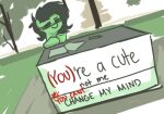  adorable_face banner black_hair change_my_mind female feral filly_anon fur grass green_body green_eyes green_fur green_hair hair hasbro humor looking_at_viewer meme my_little_pony outside plack plant sign silverwisp19 smug solo texst tree 