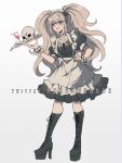  1girl alternate_costume apron bangs bear_hair_ornament black_dress black_ribbon blonde_hair blood blue_eyes boots collar criis-chan cross-laced_footwear cup danganronpa:_trigger_happy_havoc danganronpa_(series) dress drinking_glass english_commentary enoshima_junko frilled_collar frills full_body hair_ornament high_heel_boots high_heels holding knee_boots kneehighs lace-up_boots long_hair maid maid_headdress pink_blood puffy_short_sleeves puffy_sleeves ribbon shiny shiny_hair short_sleeves skull smile solo standing twintails twitter_username waist_apron wine_glass 