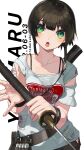  1girl artist_name belt_pouch bra_strap brown_hair collarbone dated green_eyes hands_up highres holding holding_weapon katana looking_at_viewer open_mouth original pouch shirt short_hair shoulder_strap simple_background solo sword upper_body weapon white_background white_shirt wristband yuyu_ekaki_dayo 