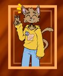  2021 anthro atomic_cat baggy_clothing baggy_hoodie bottomwear bread clothed clothing denim denim_clothing domestic_cat felid feline felis female food fully_clothed happy hoodie jeans lgbt_pride mammal pants paws pin_(disambiguation) pride_colors solo solo_focus toast topwear trans_(lore) trans_woman_(lore) transgender_pride_colors yellow_hoodie 