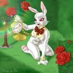  2019 absurd_res alice_in_wonderland anthro bow_tie breasts clock crossgender detailed_background female flower full-length_portrait fur grass hair hi_res holding_object kneeling lagomorph leporid mammal mostly_nude mtf_crossgender nipples open_mouth pawpads plant pocketwatch portrait rabbit red_eyes rose_(flower) sirena_de_sire solo the_white_rabbit watch white_body white_fur white_hair 