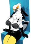  accipitriform aggressive_retsuko anthro avian beak beauty_mark big_breasts bird bottomwear bra breasts clothing eyes_closed feathers female hi_res lace non-mammal_breasts sanrio secretary_bird secretary_washimi skirt solo underwear white_body white_feathers zwitterkitsune 