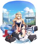  1girl :o absurdres ahoge bag bare_arms bare_shoulders black_choker black_serafuku black_shirt black_skirt black_swimsuit blonde_hair breasts choker cleavage counter_side day duffel_bag goggles goggles_on_head highres huge_filesize innertube large_breasts long_hair looking_at_viewer miniskirt official_art one-piece_swimsuit open_mouth outdoors school_swimsuit school_uniform scrunchie serafuku shirt shirt_removed skirt skirt_removed solo strap_slip stuffed_animal stuffed_toy swimsuit thigh_strap thighs transparent_background very_long_hair wavy_hair wrist_scrunchie yellow_eyes 