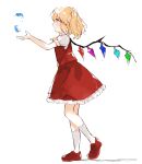  1girl absurdres arm_up blonde_hair dress feathers flandre_scarlet frilled_dress frills from_side full_body highres medium_hair niseneko_(mofumofu_ga_ienai) red_dress red_footwear shoes short_sleeves simple_background socks solo standing touhou white_background white_legwear wings yellow_neckwear 