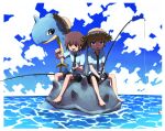  2girls :d banana bangs barefoot black_eyes black_neckwear black_skirt blonde_hair blue_eyes blue_shirt blue_sky blush border brown_eyes brown_hair brown_headwear cloud collared_shirt commentary crossover day eyebrows_visible_through_hair fishing fishing_line fishing_rod food fruit gen_1_pokemon happy hat hatted_pokemon highres holding holding_fishing_rod kill_me_baby lapras long_hair looking_at_viewer looking_down multiple_girls necktie ocean open_mouth oribe_yasuna outdoors pleated_skirt pokemon pokemon_(creature) riding_pokemon school_uniform shirt short_hair short_sleeves sitting skirt sky smile sonya_(kill_me_baby) straw_hat twintails white_border yachima_tana 