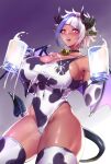  1girl 2021 animal_ears animal_print bare_shoulders bell black_collar black_horns blue_hair breasts chinese_zodiac collar commentary_request covered_navel covered_nipples cow_ears cow_girl cow_print cowbell cup dark-skinned_female dark_skin demon_girl demon_horns demon_tail demon_wings diagonal_bangs extra_ears highres holding holding_cup horns lactation looking_at_viewer milk multicolored_hair neck_bell non_(nonzile) open_mouth original partial_commentary pointy_ears red_eyes short_hair sideboob solo steaming_body streaked_hair swimsuit tail tan thighs white_hair wings year_of_the_ox 