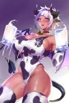  1girl 2021 animal_ears animal_print bangs bare_shoulders bell black_collar black_horns blue_hair breasts chinese_zodiac collar covered_navel covered_nipples cow_ears cow_girl cow_print cowbell cup dark_skin demon_girl demon_horns demon_tail demon_wings diagonal_bangs extra_ears highres holding holding_cup horns lactation looking_at_viewer milk multicolored_hair neck_bell non_(nonzile) open_mouth original pointy_ears red_eyes short_hair sideboob solo steaming_body streaked_hair swimsuit tail tan thighs white_hair wings year_of_the_ox 