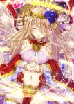  1girl :o angel angel_wings arabian_clothes bare_shoulders blonde_hair blue_flower blue_rose breasts closed_eyes collaboration crown falkyrie_no_monshou flower hair_flower hair_ornament hair_over_one_eye hands_together large_breasts official_art rose shinkai_no_valkyrie soukuu_kizuna wings zaphkiel_(falkyrie_no_monshou) 