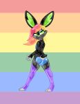  &lt;3 anthro blue_butt blush butt butt_heart female goo_creature green_eyes green_nose hair heart_ears hi_res lagomorph leporid lgbt_pride looking_at_viewer mammal multicolored_body multicolored_hair rabbit rainbow rainbow_background rainbow_body rainbow_eyeshadow rainbow_hair simple_background solo standing stockings_(marking) tiddysoft 