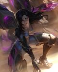  1girl black_hair blurry blurry_background boots breasts clenched_hand clenched_teeth dutch_angle facial_mark highres kai&#039;sa league_of_legends long_hair medium_breasts plunging_neckline purple_eyes raikoart skin_tight solo squatting teeth thigh_boots thighhighs whisker_markings 