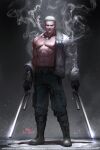  1boy abs artist_name bare_pectorals belt boots cigar dual_wielding full_body gloves goggles goggles_around_neck highres holding in-hyuk_lee jacket male_focus muscular muscular_female one_piece open_clothes open_jacket pectorals scar shiny signature smoke smoker_(one_piece) solo watermark web_address white_hair 
