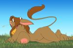  anthro bessie_(zp92) bovid breast_squish breasts collar cowbell female grass hay_in_mouth hi_res horn looking_at_viewer lying mammal mostly_nude nipples on_front plant solo squish tail_tuft tuft zp92 