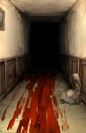  blood blood_trail dark doll hallway highres horror_(theme) kan_(aaaaari35) no_humans painting_(object) resident_evil resident_evil_village umbilical_cord 