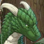 2021 ambiguous_gender curved_horn digital_media_(artwork) dragon feral green_body green_eyes green_scales greeny_(odisaodi) happy horn jay-kuro low_res plant raining scales smile solo tree wet wet_body wet_scales white_body white_horn white_scales 