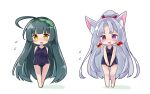  2girls ahoge animal_ear_fluff animal_ears bangs bare_arms bare_legs bare_shoulders barefoot black_swimsuit blush brown_eyes chibi commentary_request covered_navel flying_sweatdrops green_hair green_hairband hairband high_ponytail highres multiple_girls old_school_swimsuit one-piece_swimsuit open_mouth parted_bangs ponytail purple_eyes ryogo school_swimsuit silver_hair standing swimsuit touhoku_itako touhoku_zunko voiceroid white_background 