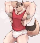  2021 anthro armpit_hair body_hair bottomwear bulge canid canine canis clothing eyes_closed hair hands_behind_head hi_res hotpants makowolf1 male mammal muscular muscular_anthro muscular_male musk nipples pecs raised_arm shirt shorts simple_background smile solo standing tank_top topwear white_background wolf 