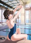  1girl 2qba absurdres ahoge armpits arms_up ass back bare_arms bare_shoulders blue_eyes blue_swimsuit blurry breasts brown_hair counter_side depth_of_field embarrassed from_behind goggles goggles_removed highleg highleg_swimsuit highres looking_at_viewer looking_back one-piece_swimsuit open_mouth pool poolside short_hair_with_long_locks shoulder_blades sidelocks sitting small_breasts solo spaghetti_strap stretch swimsuit thighs wet yang_harim 