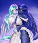  2_heads anthro anthrofied ashimaroo big_breasts blue_body blush breasts cleavage clothed clothing conjoined equid equine friendship_is_magic fusion hasbro hi_res horn mammal multi_head multicolored_body my_little_pony princess_celestia_(mlp) princess_luna_(mlp) sibling sister sisters two_tone_body white_body winged_unicorn wings 
