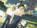  2boys absurdres black_hair chain-link_fence cloud color_halftone dutch_angle earphones fence from_below highres ikari_shinji male_focus multiple_boys nagisa_kaworu neon_genesis_evangelion official_art outdoors parabolic_antenna pipe rust scan shirt sky sony white_hair white_shirt 