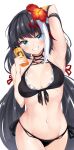  1girl arm_up armpits azur_lane bangs bare_arms bare_shoulders bikini black_bikini black_hair blue_eyes blush breasts commentary cowboy_shot deutschland_(azur_lane) deutschland_(service_time?!)_(azur_lane) duplicate eyebrows_visible_through_hair flower front-tie_bikini front-tie_top grin groin hair_flower hair_ornament hand_up hibiscus highres holding irohara long_hair looking_at_viewer manjuu_(azur_lane) medium_breasts mole multicolored_hair navel official_alternate_costume pixel-perfect_duplicate red_flower red_hair sharp_teeth side-tie_bikini simple_background smile solo standing stomach streaked_hair swimsuit teeth very_long_hair white_background white_hair 