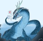  &lt;3 antlers asian_mythology blue_body blue_eyes blue_scales claws countershade_torso countershading dragon east_asian_mythology eastern_dragon fangs feral finger_claws fur hi_res horn long_neck long_tail looking_at_viewer male mythology open_mouth partially_submerged pupils ripples rock scales scalie signature simple_background slit_pupils solo speech_bubble su_ji-hoon_(tinypigdraws) tail_tuft tinypigdraws tongue tongue_out tuft water wet wet_body wet_scales whiskers white_background white_body white_fur 