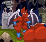  2021 anthro big_butt butt comicfiruko demon english_text featureless_crotch firebrand group hi_res male mostly_nude no_pupils red_body simple_background solo_focus text wings 