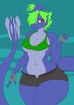  abs absurd_res anthro barely_contained big_breasts brachydios breasts brute_wyvern capcom clothing fangs female fingerless_gloves gloves green_hair hair handwear hi_res invalid_tag long_tail monster_hunter muscular muscular_anthro muscular_female navel non-mammal_breasts pupils red_eyes sanfingulipunrapin scalie slit_pupils smile solo teeth thick_thighs video_games wide_hips 