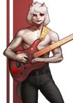  &lt;3 2016 anthro asriel_dreemurr_(god_form) belt belt_buckle black_sclera boss_monster bottomwear bovid caprine clothed clothing digital_media_(artwork) flowey_the_flower fur goat guitar hair hi_res horn long_ears looking_at_viewer male mammal musical_instrument open_mouth open_smile pgm300 plucked_string_instrument pupils red_eyes simple_background smile solo standing string_instrument topless_male undertale video_games white_body white_fur 