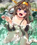  1girl bare_shoulders blush breasts brown_hair cup hair_intakes hairband highres kantai_collection kongou_(kancolle) long_hair medium_breasts mirisha navel nipples nude onsen open_mouth partially_submerged purple_eyes rock sitting smile solo steam tea teacup wariza wet 