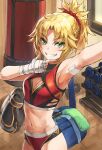  1girl armpits bandages bare_arms bare_shoulders blonde_hair boxing_gloves braid breasts cleavage cowboy_shot dumbbell eyebrows_visible_through_hair fate/apocrypha fate/grand_order fate_(series) green_eyes grin hair_ornament hair_scrunchie highres indoors long_hair looking_at_viewer mordred_(fate) mordred_(fate)_(all) navel ponytail red_scrunchie scrunchie small_breasts smile solo tonee 