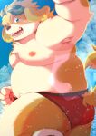  2021 anthro belly blue_eyes butt canid canine canis clothing domestic_dog dosanco15 hi_res hisaki_(live-a-hero) kemono live-a-hero male mammal moobs nipples outside overweight overweight_anthro overweight_male solo swimwear video_games 