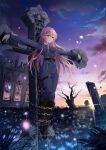  1girl black_footwear blue_jacket blue_pants boots chain cross crucifixion dawn gloves jacket knee_boots legs_together liusu_hongchen long_hair long_sleeves military military_uniform original outdoors outstretched_arms pants pink_hair ruins solo uniform white_gloves 