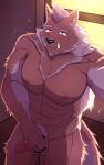  abs absurd_res anthro balls canid canine canis demon erection genitals hi_res kuroikiri male mammal marchosias_(tas) muscular muscular_anthro muscular_male nipples pecs penis scar solo tokyo_afterschool_summoners tusks video_games wolf 