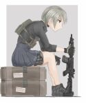  ankle_boots assault_rifle black_footwear black_shirt blue_skirt boots combat_boots crate d-sawa613 expressionless gloves green_eyes grey_hair gun highres hunched_over original rifle shirt sitting sitting_on_object skirt slouching tactical_clothes uniform weapon 