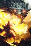  1boy absurdres armor breathing_fire cape commentary dragon dropping english_commentary fangs fire highres kalmahul looking_at_another original red_eyes sharp_teeth short_hair signature size_difference solo standing sword teeth torn_clothes weapon 