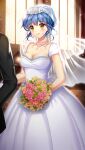  1boy 1girl bangs black_jacket blue_hair blush bouquet breasts bridal_veil church cleavage closed_mouth collarbone doukyuusei_2 doukyuusei_another_world dress eyebrows_visible_through_hair flower game_cg gloves hair_between_eyes holding holding_bouquet indoors jacket jewelry long_dress medium_breasts necklace official_art pink_flower pink_rose rose shiny shiny_hair short_hair sleeveless sleeveless_dress smile solo_focus tied_hair veil wedding wedding_dress white_dress white_gloves yasuda_azumi yellow_eyes yellow_flower 