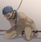  1boy bangs bar_censor barefoot bdsm blue_hair blue_pubic_hair bondage bound censored collar completely_nude cu_chulainn_(fate)_(all) cu_chulainn_(fate/stay_night) fate/stay_night fate_(series) flaccid full_body gag gagged highres kneeling leash long_hair looking_at_viewer male_focus male_pubic_hair mondi_hl nipples nude o-ring penis ponytail pubic_hair red_eyes restrained 