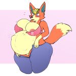  animal_crossing anthro audie_(animal_crossing) belly big_belly big_breasts blush bodily_fluids bottomwear bra breasts canid canine canis cleavage clothed clothing denim denim_clothing embarrassed female fur hair hi_res huge_breasts jeans lactating lactating_through_clothing mammal milk nintendo nipple_outline orange_body orange_fur pants pregnant ro. solo thick_thighs tight_clothing unborn_kicking underwear video_games wardrobe_malfunction wet wet_clothing wide_hips wolf 