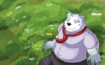  2021 anthro black_nose boson62213 bottomwear clothing fur humanoid_hands kemono knights_college male mammal outside overweight overweight_anthro overweight_male pants paul_(knights_college) polar_bear shirt sitting solo topwear ursid ursine video_games visual_novel white_body white_fur 