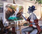  2021 5_fingers anthro blue_hair breasts clothed clothing digital_media_(artwork) eruca female fingers hair hyaenid mammal neera_(neerahyena) sitting solo 