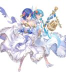  2girls bangs bare_shoulders bell blue_eyes blue_hair breasts catria_(fire_emblem) closed_mouth detached_collar dress feather_trim fire_emblem fire_emblem:_mystery_of_the_emblem fire_emblem:_the_binding_blade fire_emblem_echoes:_shadows_of_valentia fire_emblem_heroes flower full_body hair_ornament highres kakage medium_breasts multiple_girls official_art shiny shiny_hair short_hair simple_background strapless strapless_dress thea_(fire_emblem) transparent_background wedding_dress white_dress white_footwear 
