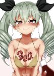  1girl anchovy_(girls_und_panzer) anger_vein bangs bikini black_ribbon blurry blurry_foreground blush breasts brown_bikini brown_eyes chyazuke_syake cleavage closed_mouth commentary depth_of_field drill_hair embarrassed eyebrows_visible_through_hair food_on_body girls_und_panzer glaring green_hair hair_ribbon half-closed_eyes halterneck highres ketchup ketchup_bottle large_breasts long_hair looking_at_viewer milestone_celebration navel number ribbon smile solo sweatdrop swimsuit trembling twin_drills twintails upper_body v-shaped_eyes 