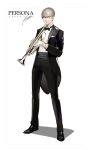  1boy absurdres bangs black_footwear black_jacket black_neckwear black_pants bow bowtie btmr_game formal gloves hair_between_eyes highres holding holding_instrument instrument jacket long_sleeves male_focus narukami_yuu pants persona persona_4 signature silver_eyes silver_hair simple_background solo standing suit trumpet white_background white_gloves 