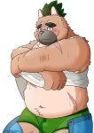  2021 anthro belly better_version_at_source blush bulge canid canine canis clothed clothing domestic_dog hi_res inunodaidokoro male mammal musclegut pants_down partially_clothed scar shirt solo tank_top tokyo_afterschool_summoners topknot topwear underwear undressing video_games yasuyori 