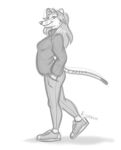  alexa_(ferretfyre) anthro clothing dasyuromorph female footwear hands_in_pockets hi_res looking_at_viewer mammal marsupial monochrome nicnak044 pockets shoes smile sneakers solo striped_tail stripes sweater thylacine topwear 