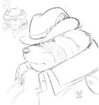  anthro blush canid canine clothing covering covering_eyes covering_face embarrassed fedora hat headgear headwear live-a-hero male mammal overweight pochizizi raccoon_dog shoen shy sketch tanuki 