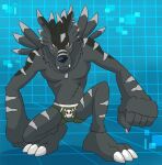  anthro bandai_namco blue_background briefs bulge claws clothing digimon digimon_(species) ear_piercing ear_ring fur green_briefs green_clothing green_underwear grey_body grey_fur male piercing simple_background skull_and_crossbones solo teeth_showing thegreatmatsutzu tiled_background underwear weregarurumon yellow_eyes 